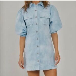 Blue denim button down puff sleeve dress